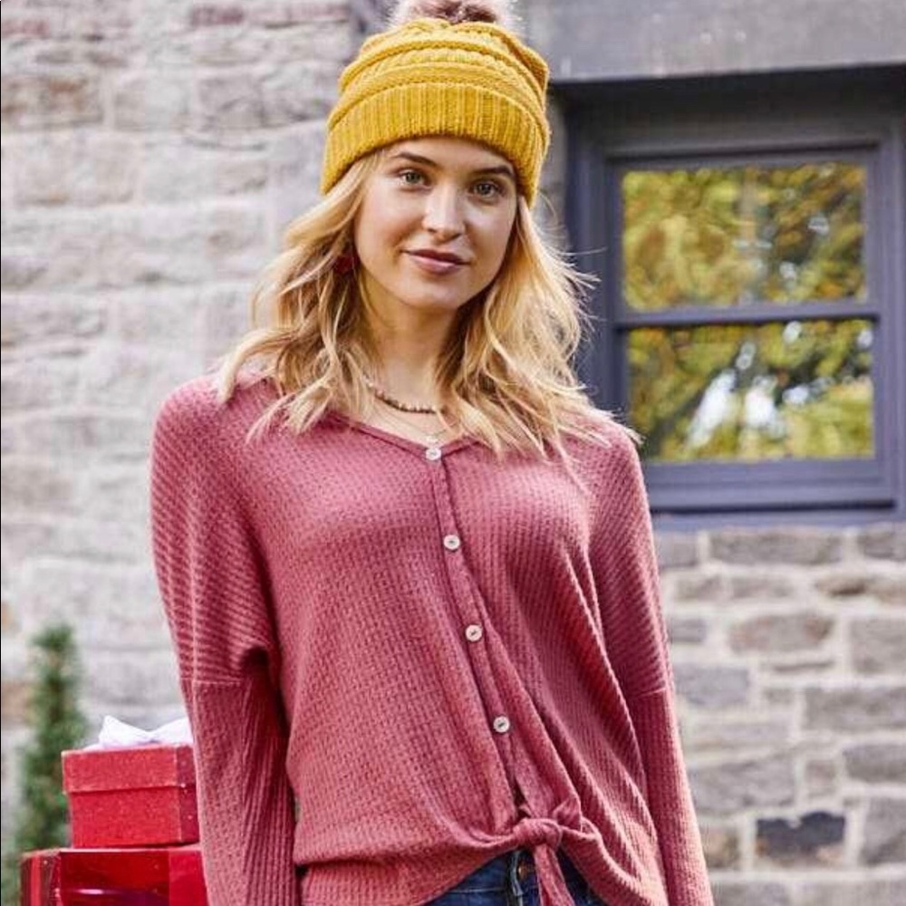 NWOT Altar’d state waffle knit blush tie front top